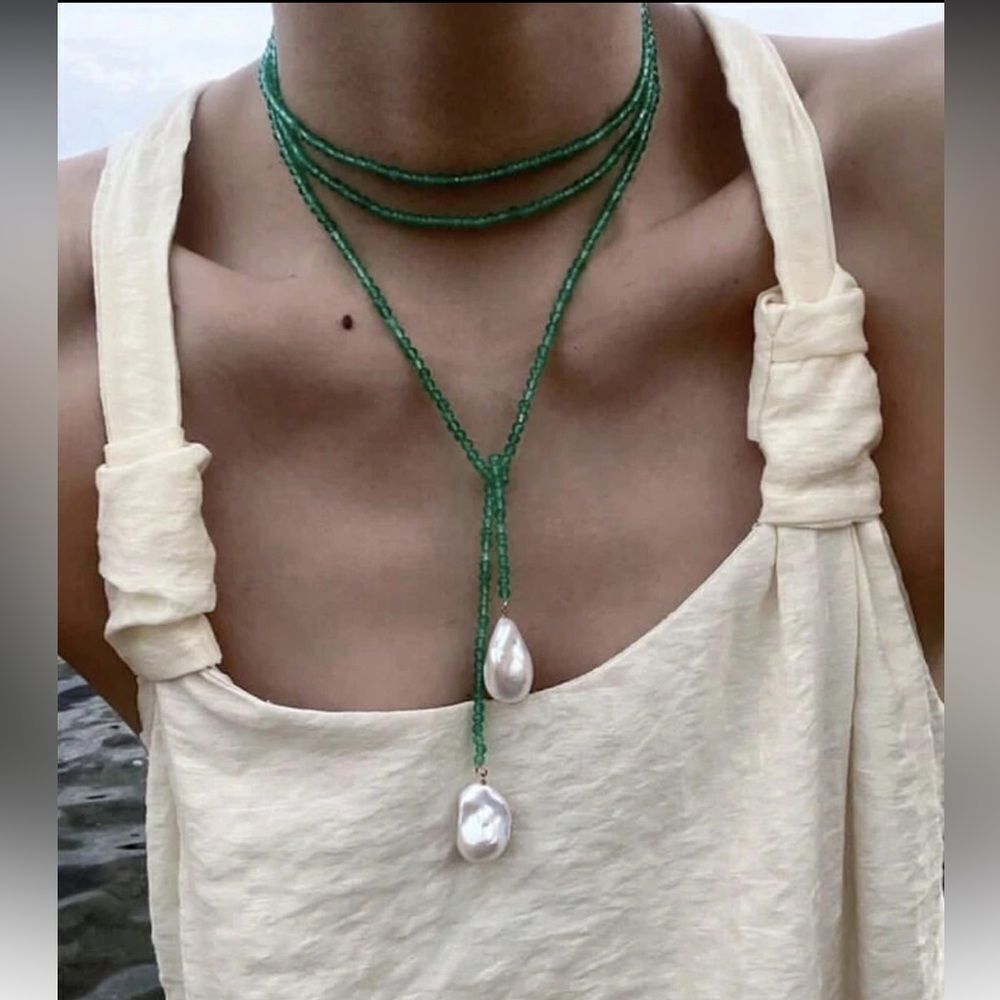 REVOLVE Green Beaded Lariat Necklace with White Pearl Drops
